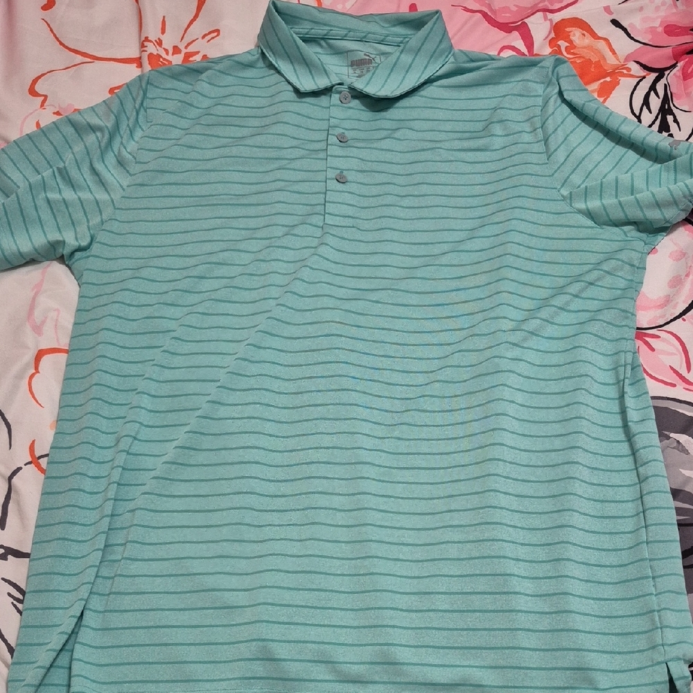 Puma Men's Polo Shirt - Light Blue Stripes Size XL